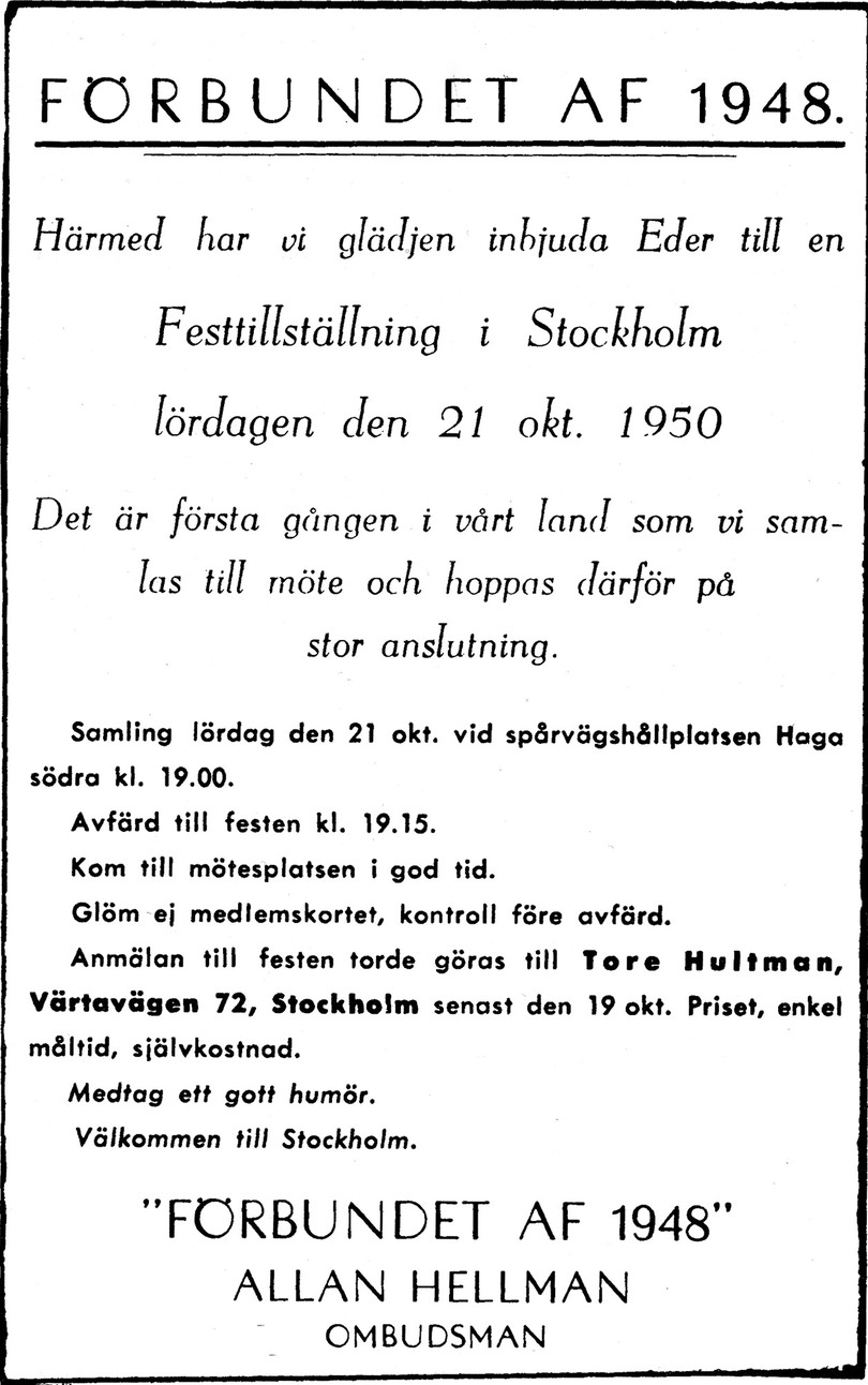 Inbjudan till svenska sektionens första möte 1950. 